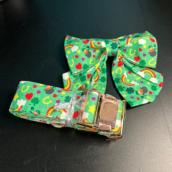 Handmade St. Patricks Day Cotton Dog Collar with Bowtie - Picture 2 of 6